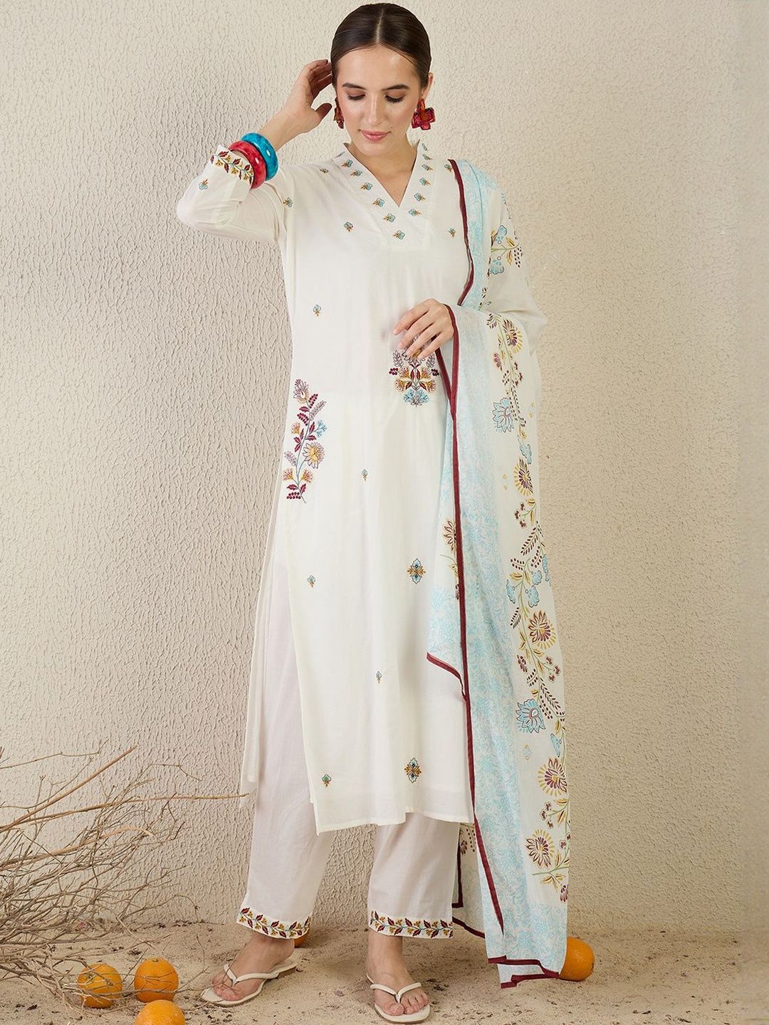 Dhiyona IE Floral Embroidered Thread Work Pure Cotton Kurta With Trouser & Dupatta