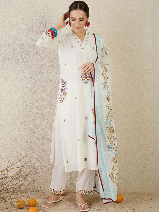 Floral Embroidered Thread Work Pure Cotton Kurta With Trouser & Dupatta