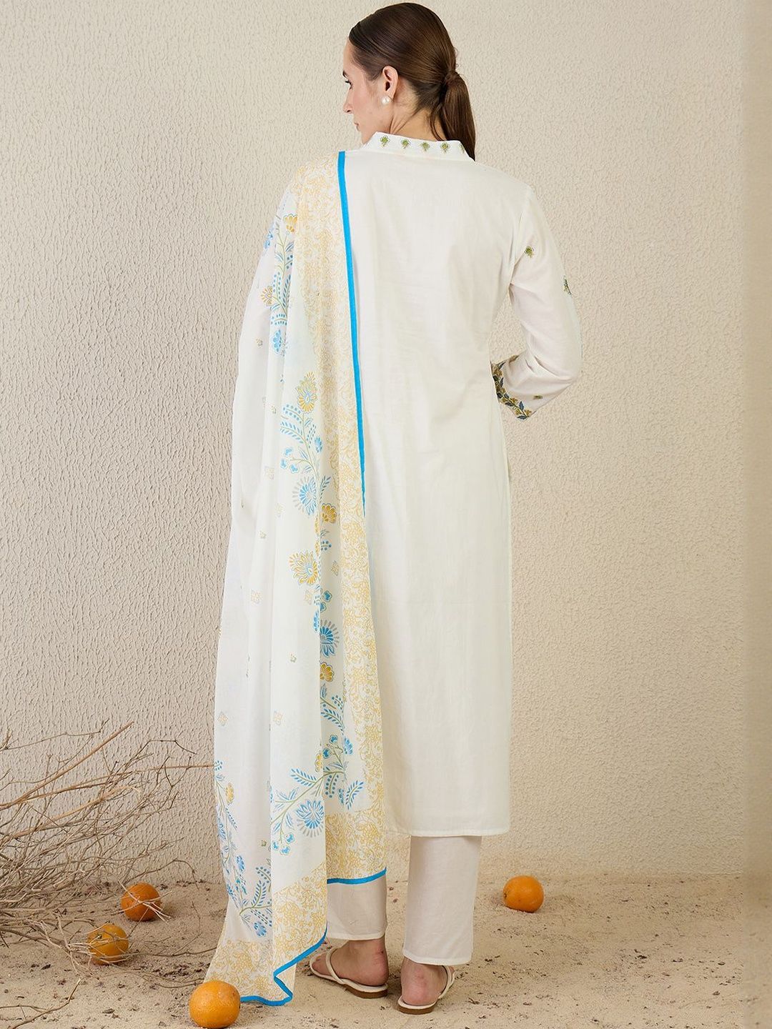 Floral Embroidered Thread Work Pure Cotton Kurta With Trouser & Dupatta