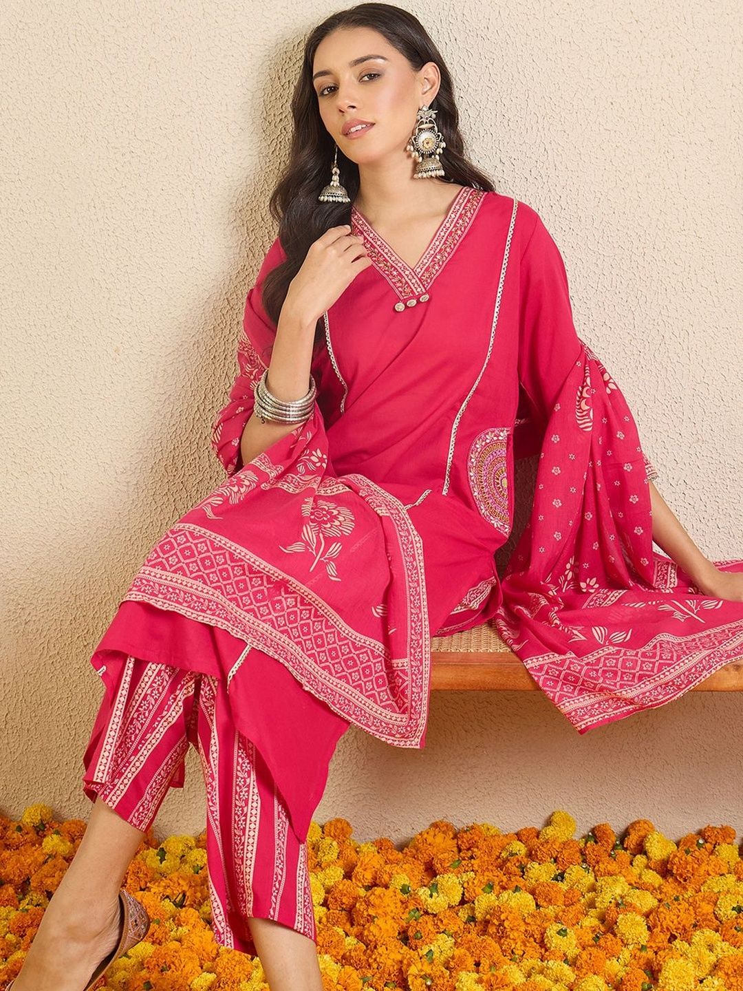 Women Ethnic Motifs Regular Thread Work Pure Cotton Kurta with Trousers & With Dupatta