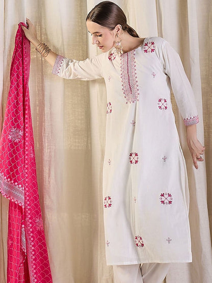 Women Ethnic Motifs Embroidered Regular Thread Work Pure Cotton Kurta with Trousers & With Dupatta
