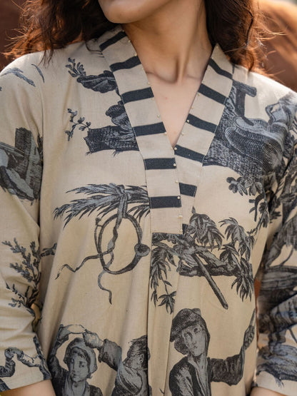 Women Printed Regular Linen Kurta with Trousers