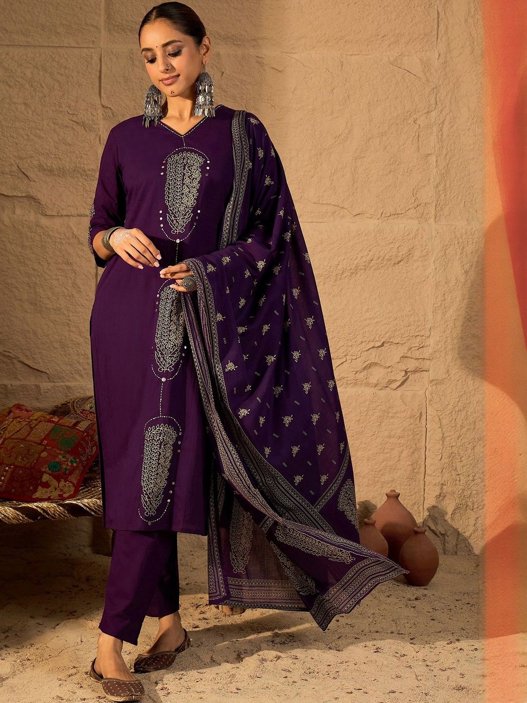 Dhiyona IE Floral Embroidered Mirror Work Pure Cotton Kurta With Trousers & Dupatta