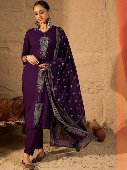 Floral Embroidered Mirror Work Pure Cotton Kurta With Trousers & Dupatta