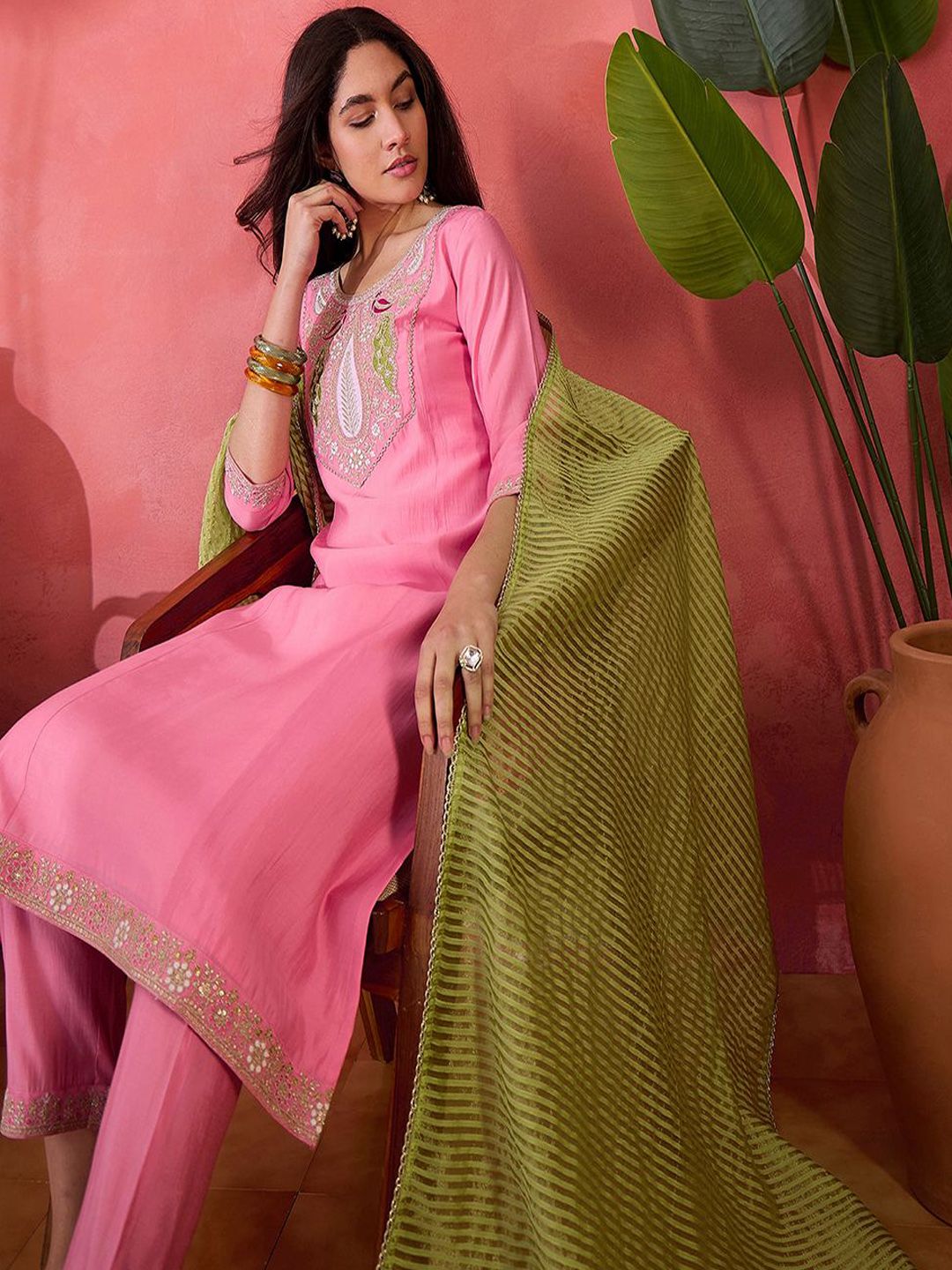 Dhiyona SN Women's Pink Silk Blend Straight Zari Sequence Embroidered Kurta Pant with Dupatta