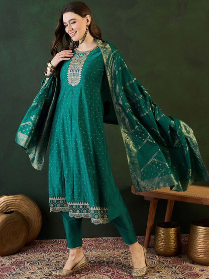 Dhiyona SN Women's Floral Embroidered Layered Kurta with Trouser & Dupatta