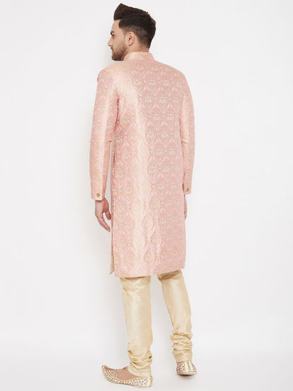 Men's Pink Silk Blend Straight Sherwani Set