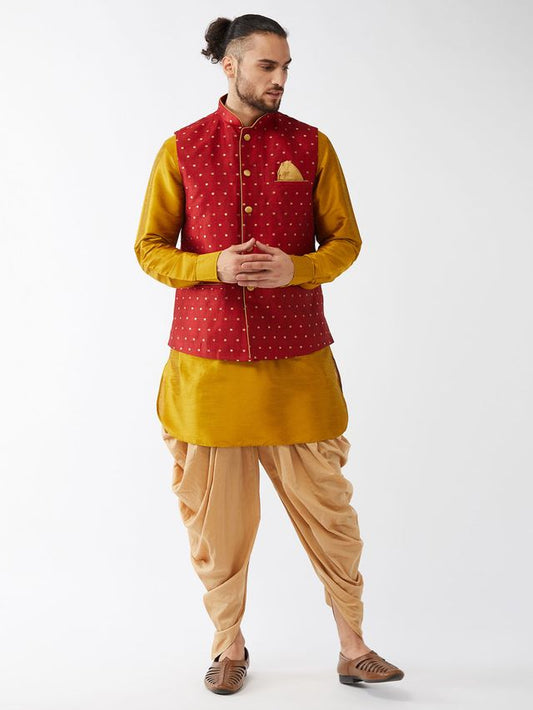Men's Mustard Silk Blend Straight Jacket  Kurta and Dhoti Set