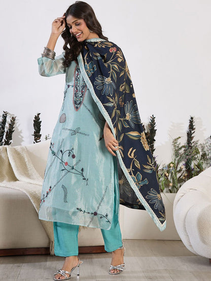 Dhiyona IE Floral Embroidered Thread Work Pure Cotton Kurta with Trouser & Dupatta