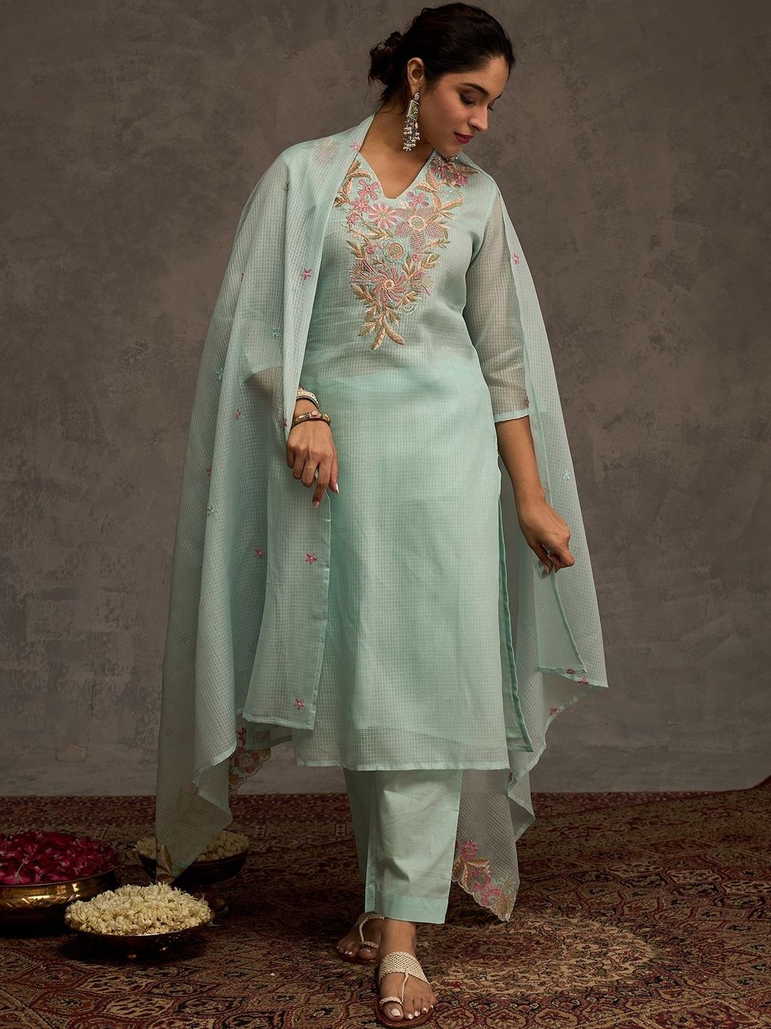 Women Floral Embroidered Kurta with Trousers & Dupatta