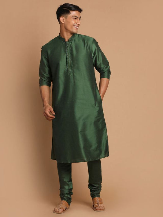 Men's Bottle Green Cotton Blend Straight Kurta Pyjama Set