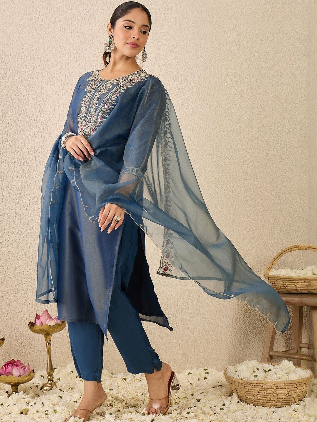 Women Ethnic Motifs Embroidered Regular Liva Kurta with Trousers & Dupatta