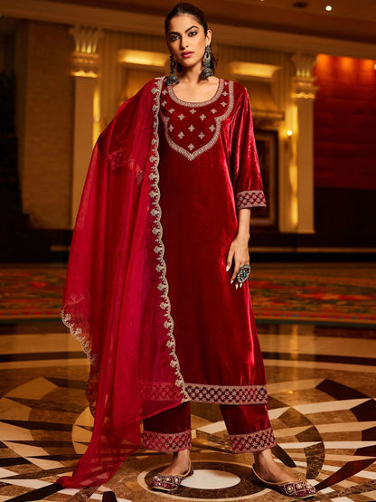 Floral Yoke Design Sequinned Velvet Straight Kurta With Trousers & Dupatta