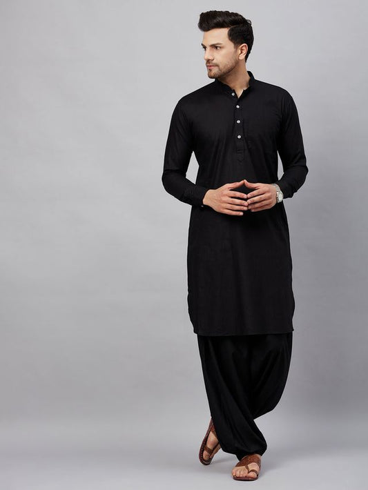 Men's Black Cotton Linen Pathani Pathani Kurta Set