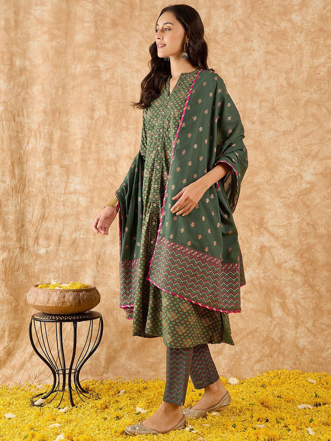Floral Printed A-Line Sequinned Kurta with Trousers & Dupatta