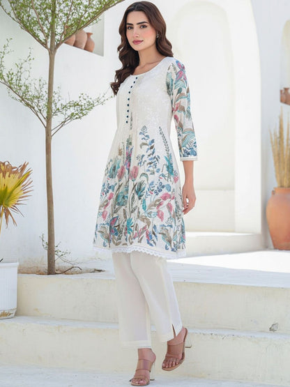 Women Floral Printed Pleated Thread Work Pure Cotton Kurta with Trousers