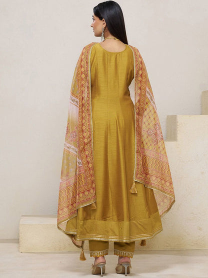 Dhiyona CH Women Floral Embroidered Pleated Mirror Work Kurta with Trousers & Dupatta