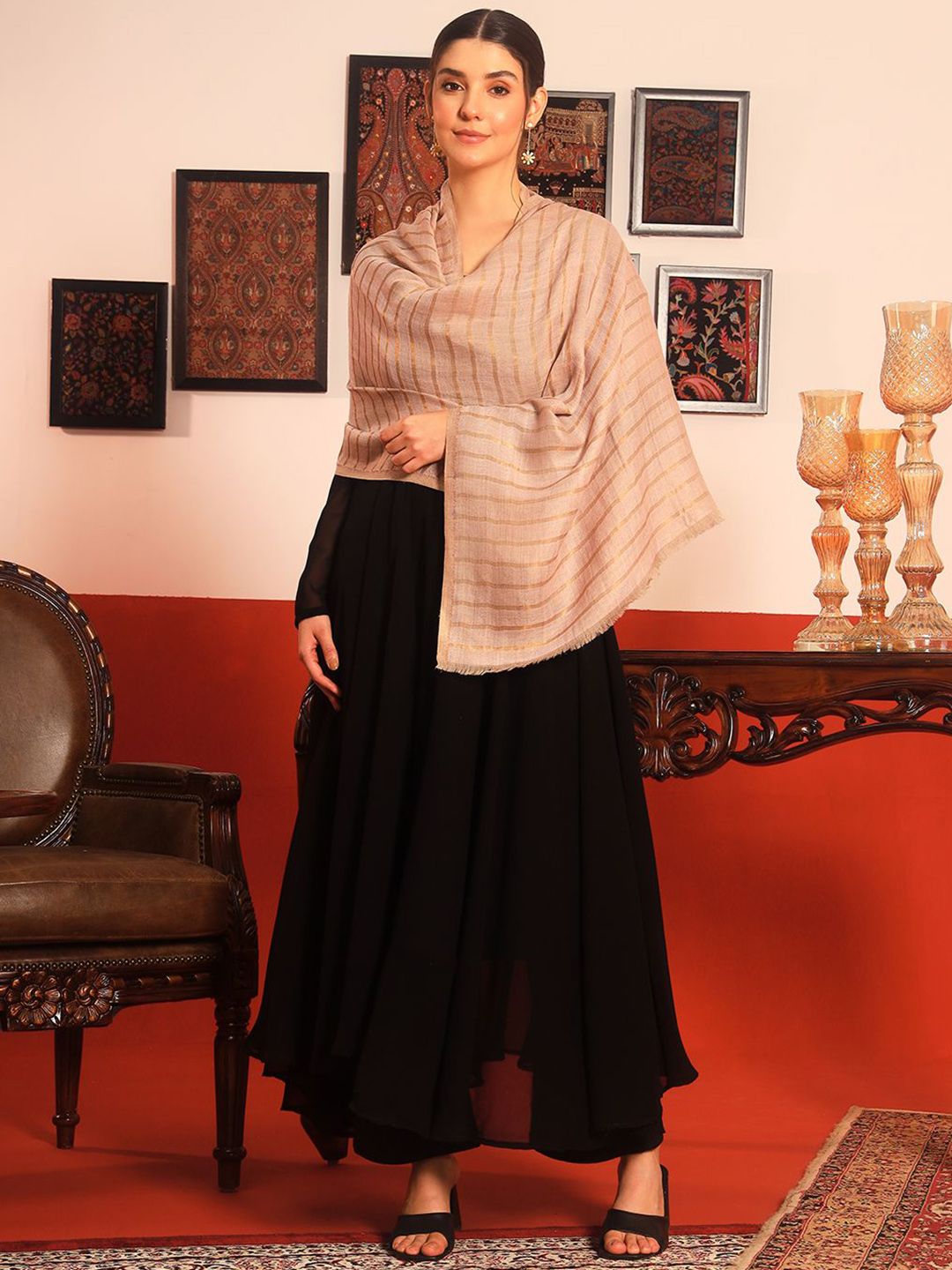 Dhiyona PA Reversible Sunehri Fine Wool Striped Woven Design Shawl