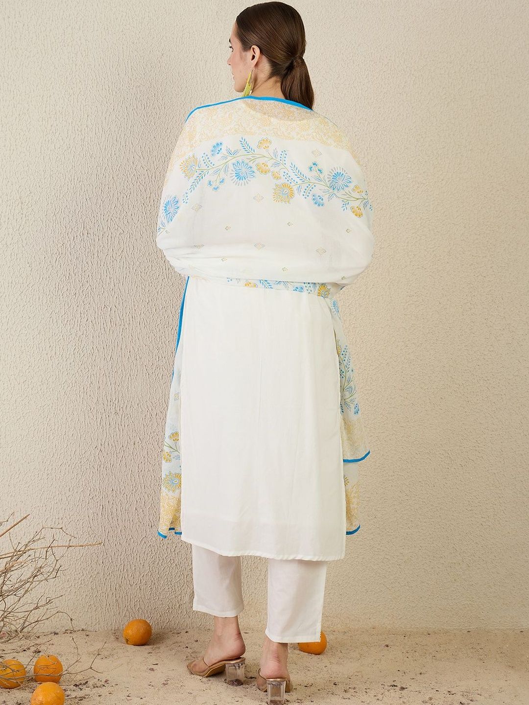 Women White Embroidered Straight Kurta Trousers With Dupatta set