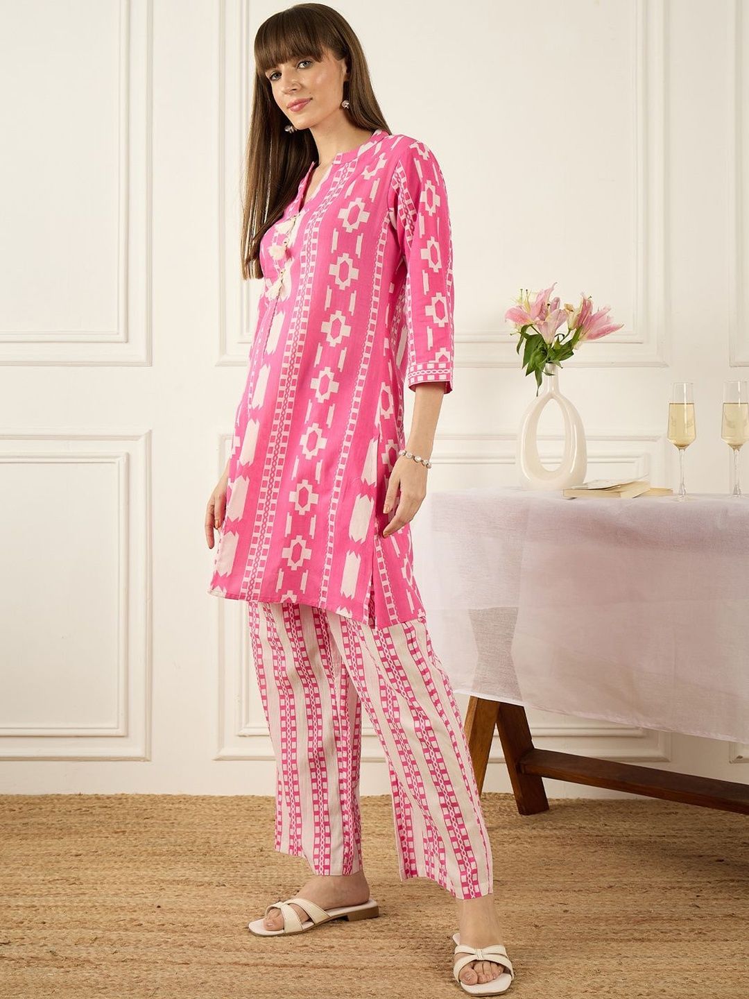Dhiyona IE Printed Mandarin Collar Pure Cotton Top With Trousers