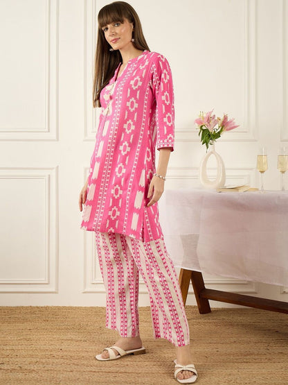 Dhiyona IE Printed Mandarin Collar Pure Cotton Top With Trousers