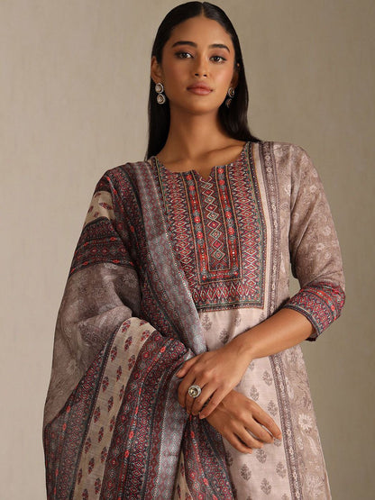 Dhiyona SO Women's Floral Printed Notch Neck Beads and Stones Linen Kurta With Trousers & Dupatta