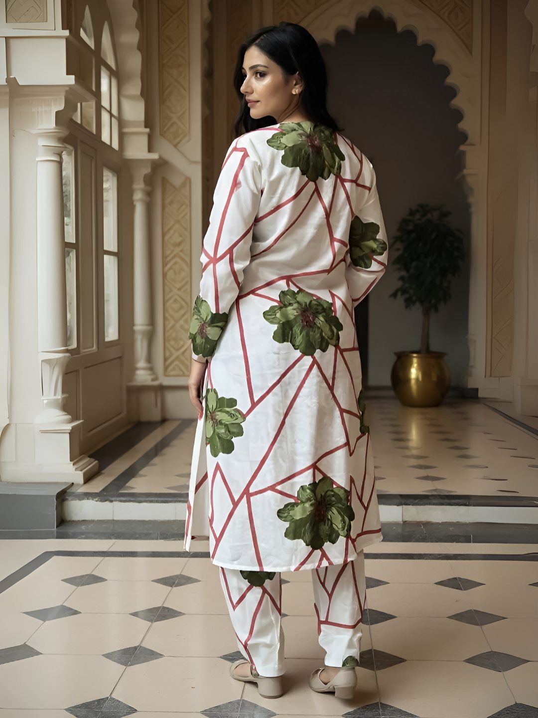 Dhiyona IE Women's Women Floral Printed Regular Thread Work Pure Cotton Kurta with Trousers