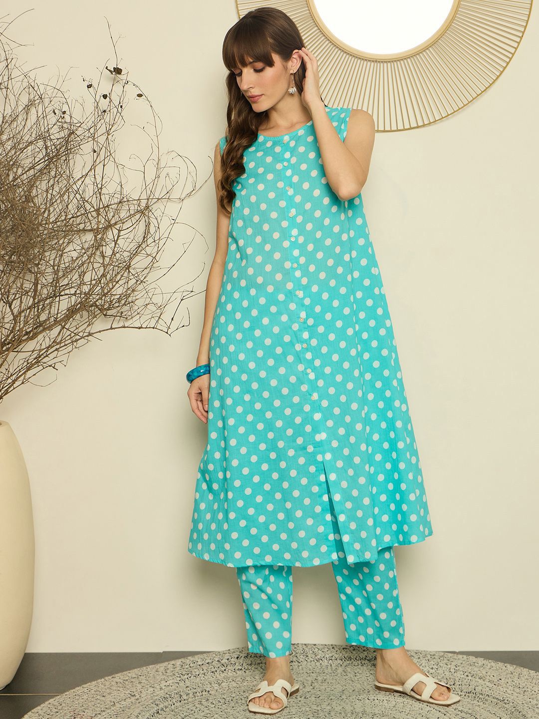 Dhiyona IE Women Printed Round Neck Cotton Tunic and Trousers Co-Ords