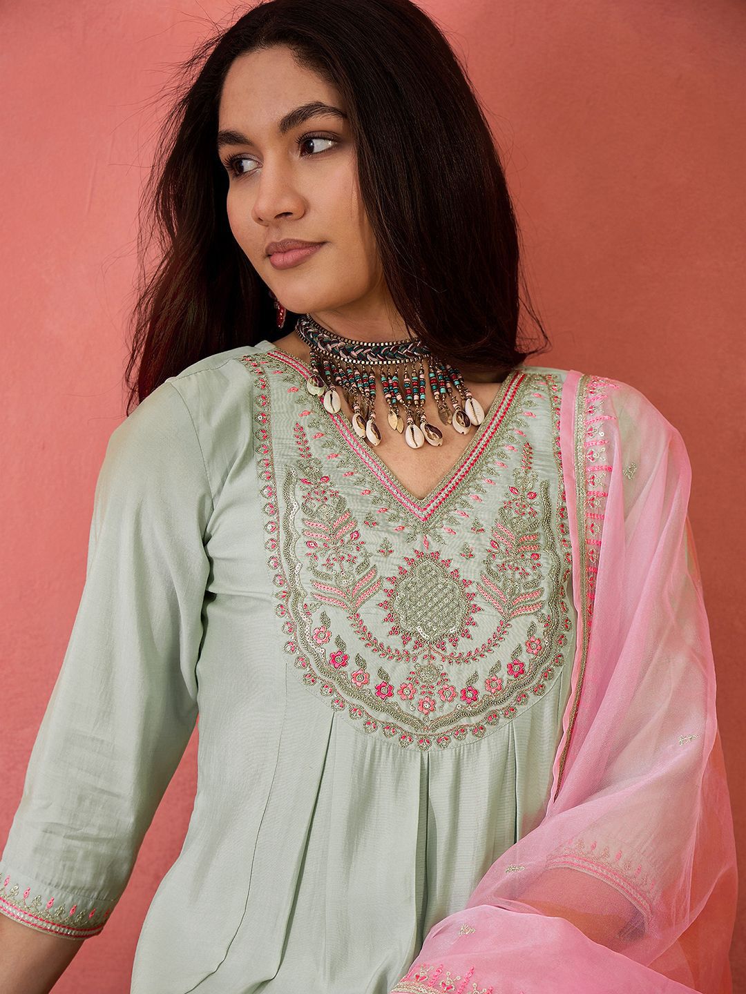 Dhiyona SN Women's Floral Yoke Design V-Neck Pleated Sequinned A-Line Kurta With Trousers & Dupatta