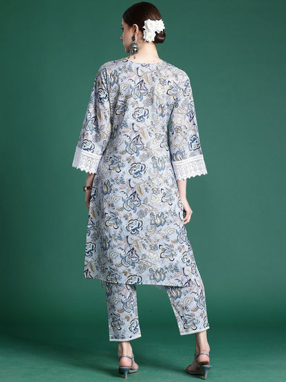 Dhiyona IE Women Floral Printed Regular Pure Cotton Kurta with Trousers