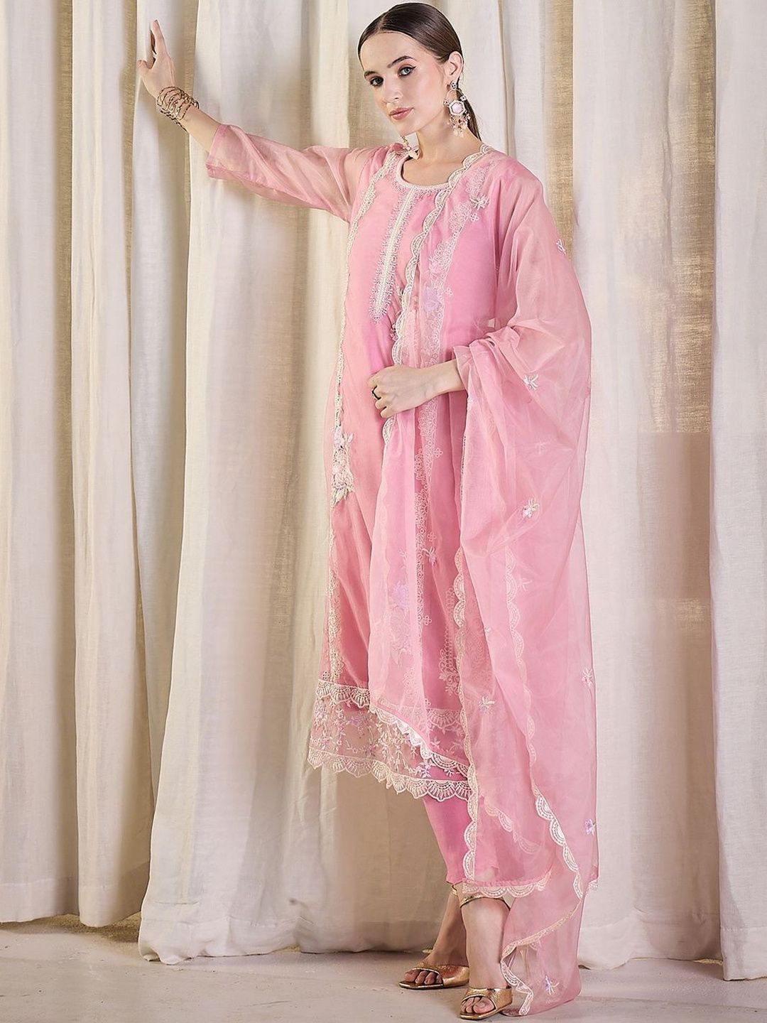 Women Ethnic Motifs Embroidered Kurta with Trousers & With Dupatta