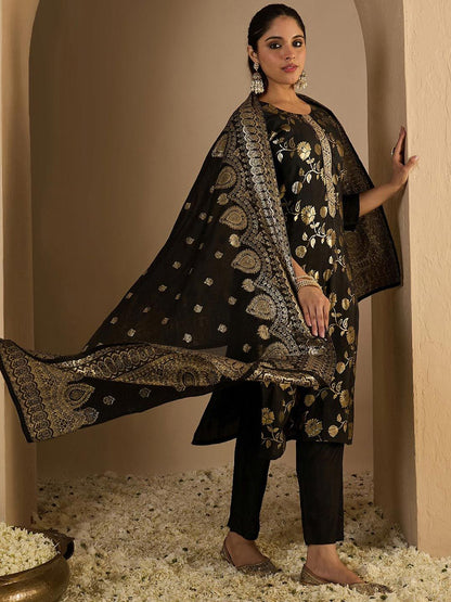 Floral Woven Design Straight Kurta With Trousers & Dupatta