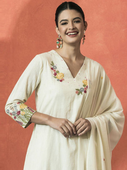 Dhiyona SN Women's Floral Embroidered V-Neck Sequinned Cotton Straight Kurta With Trouser & Dupatta