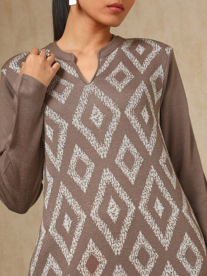 Dhiyona SO Women's Brown Geometric Woven Design Mandarin Collar Acrylic Straight Kurta With Trouser
