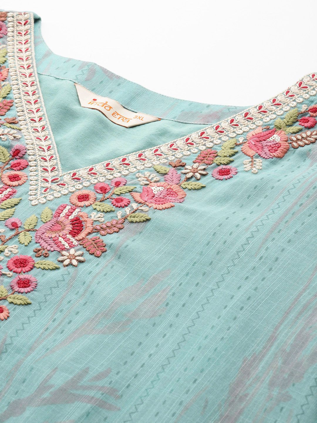 Plus Size Floral Print Regular Thread Work Kurta with Palazzos & Dupatta