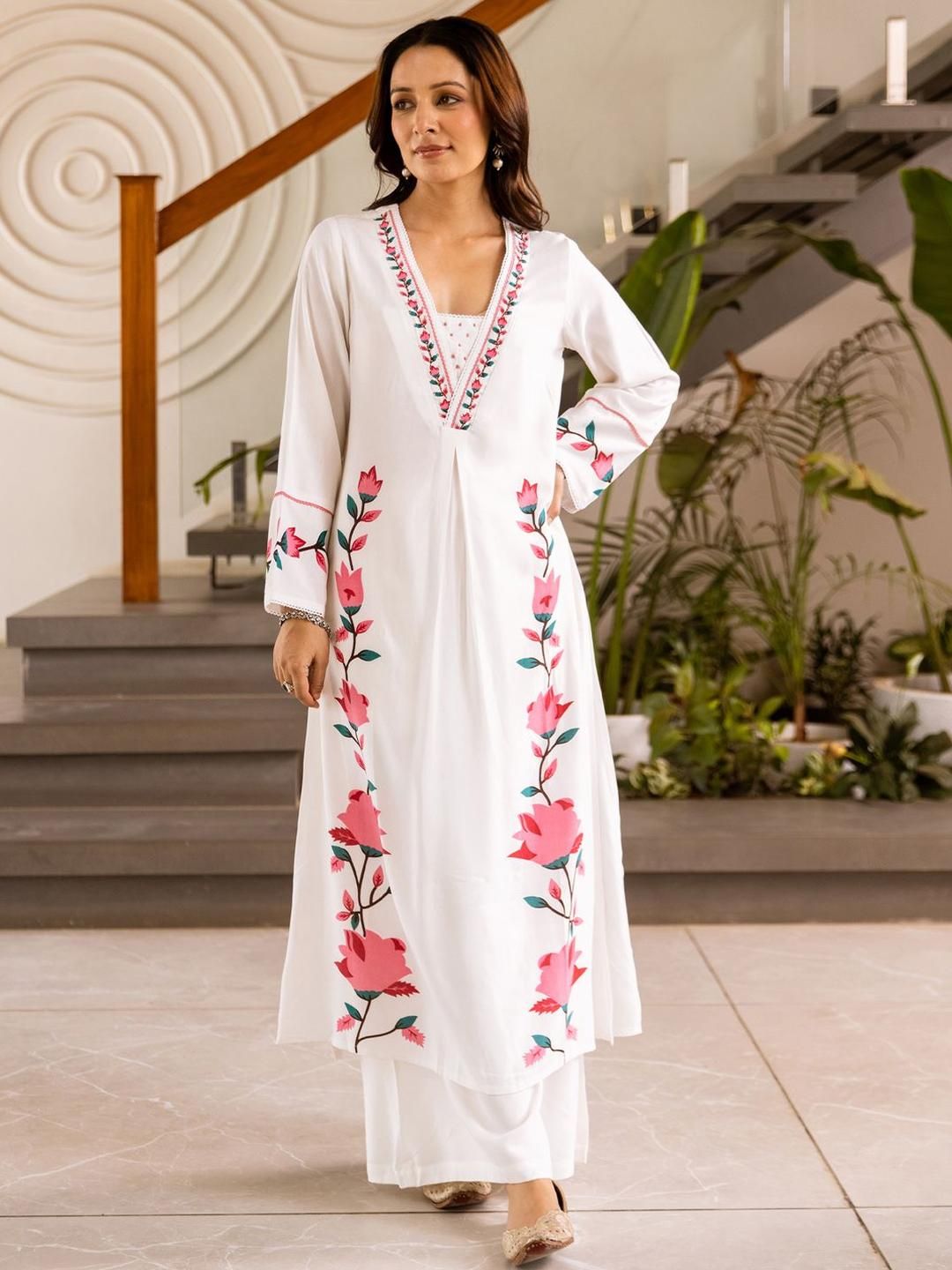 Floral Printed Straight Thread Work Kurta With Palazzos