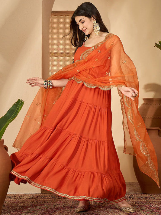 Dhiyona SN Women's Shoulder Straps Floor Length Kurta with Trousers & Embroidered Dupatta Set