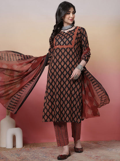 Dhiyona SN Women's Hand Floral Printed Notch Neck Pure Cotton Straight Kurta With Trouser & Dupatta