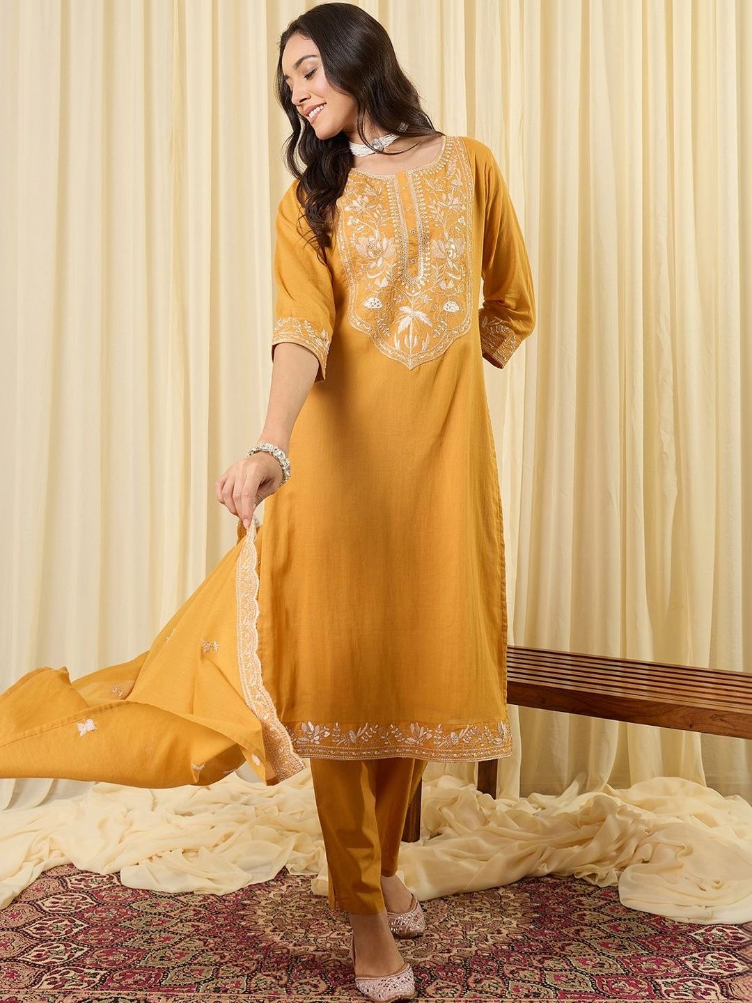 Women Ethnic Motifs Embroidered Regular Thread Work Pure Cotton Kurta with Trousers & With Dupatta