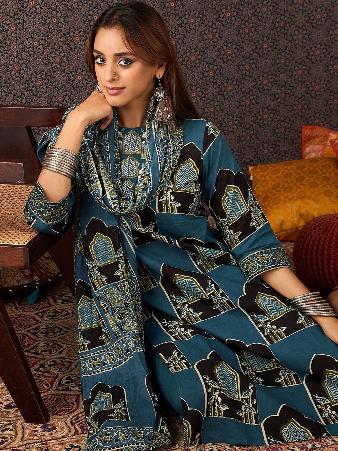 Women Ethnic Motifs Printed Regular Pure Cotton Kurta Set With Dupatta
