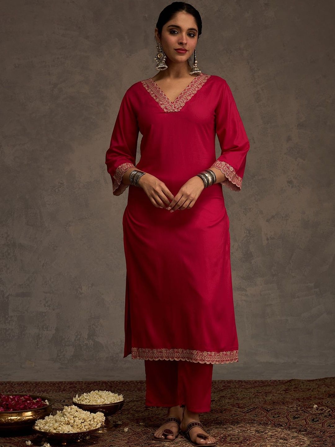 Embroidered Viscose Rayon Straight Thread Work Kurta With Trousers