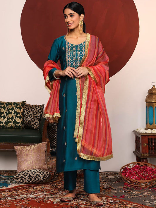 Dhiyona VA Women's Ethnic Motifs Embroidered Regular Thread Work Kurta with Trousers & With Dupatta
