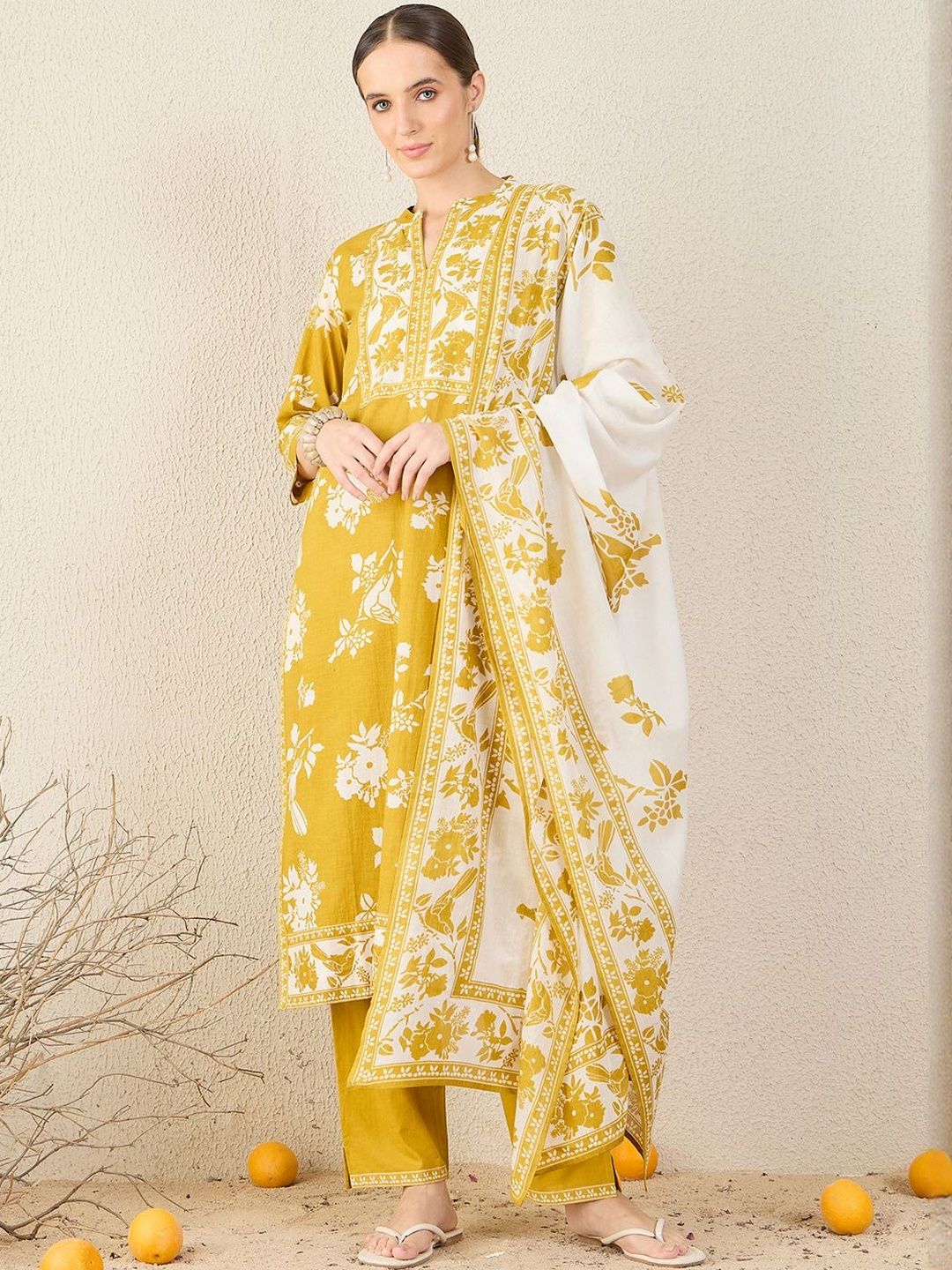 Women Floral Printed Pure Cotton Kurta with Trousers & Dupatta