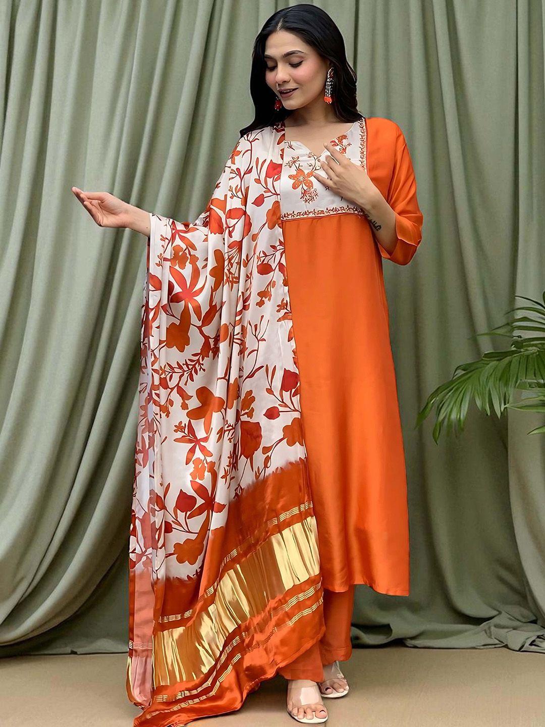 Dhiyona SN Women's Floral Printed Cotton Anarkali Kurta with Trousers & Dupatta