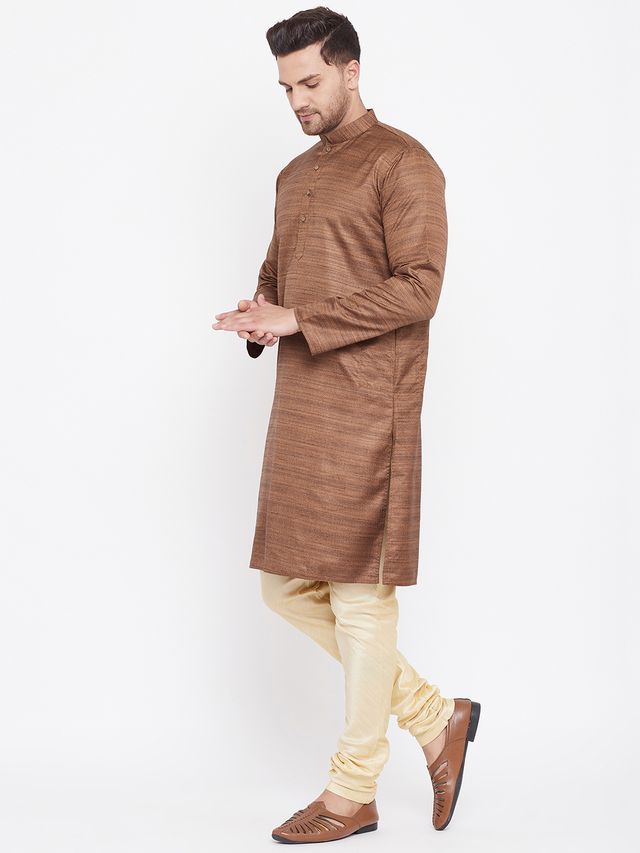 Men's Coffee Brown Silk Blend Straight Kurta Pyjama Set