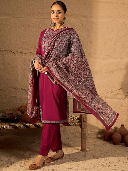 Yoke Design Printed Notch-Neck Cotton Straight Kurta With Trousers And Dupatta