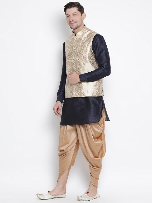 Men's Dark Blue Silk Blend Straight Jacket  Kurta and Dhoti Set