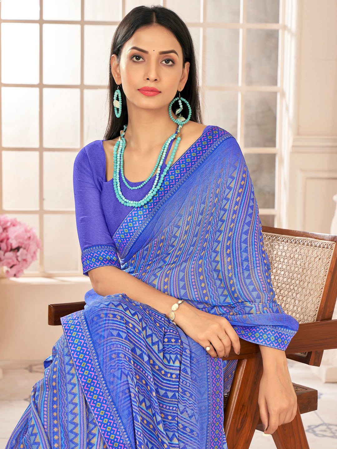 Women's Chiffon Blue Embellished Designer Saree With Blouse Piece