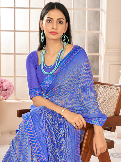 Women's Chiffon Blue Embellished Designer Saree With Blouse Piece