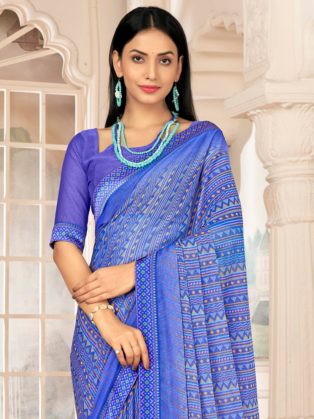 Women's Chiffon Blue Embellished Designer Saree With Blouse Piece